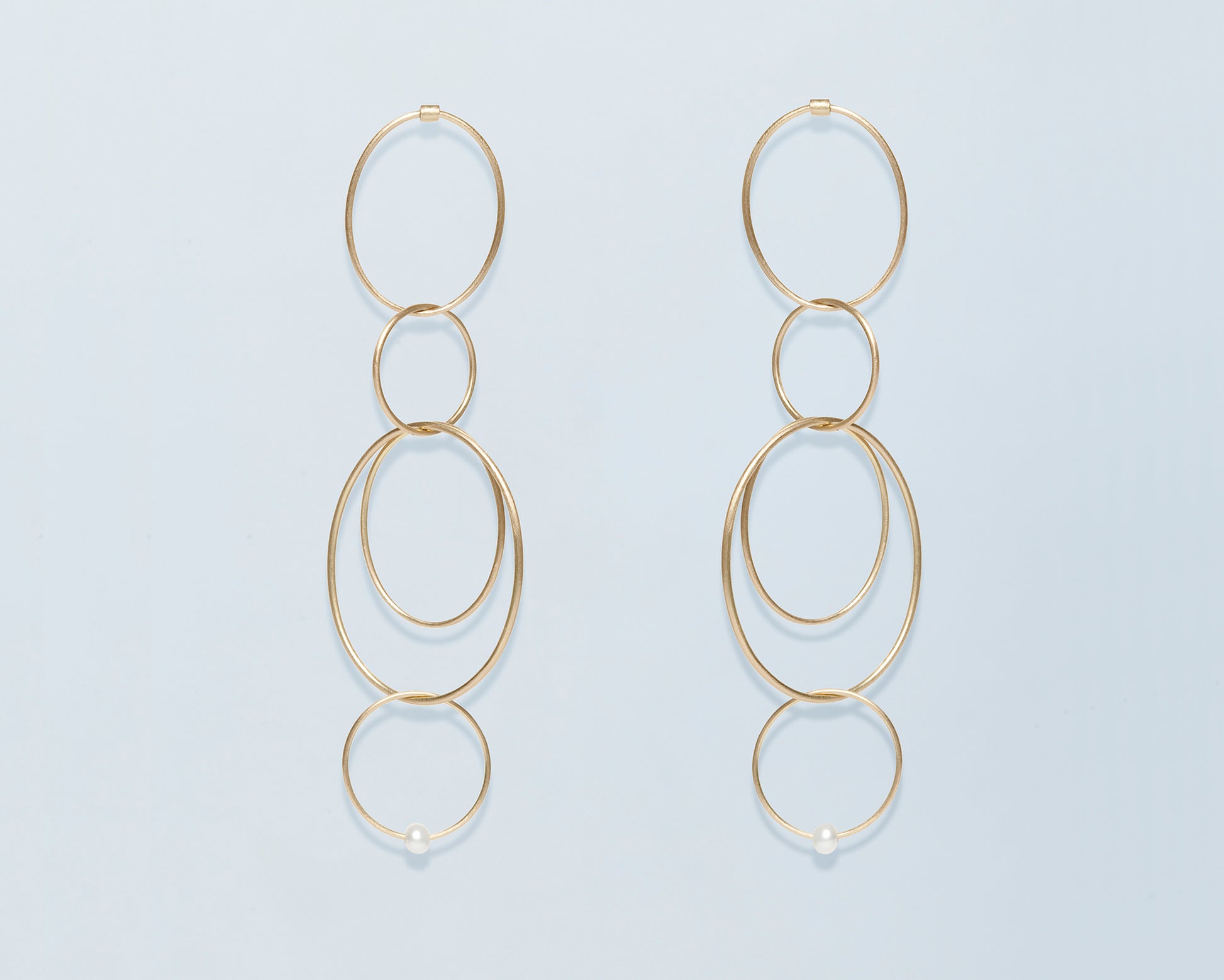 18KT hanging oval earrings in yellow gold with freshwater pearl (height 7CM) - Cerchi Ovali