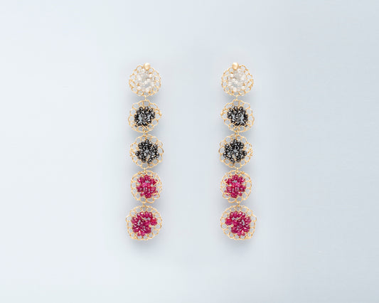 18KT yellow gold earrings with rubies and grey and black diamonds - Mosaico Frammenti