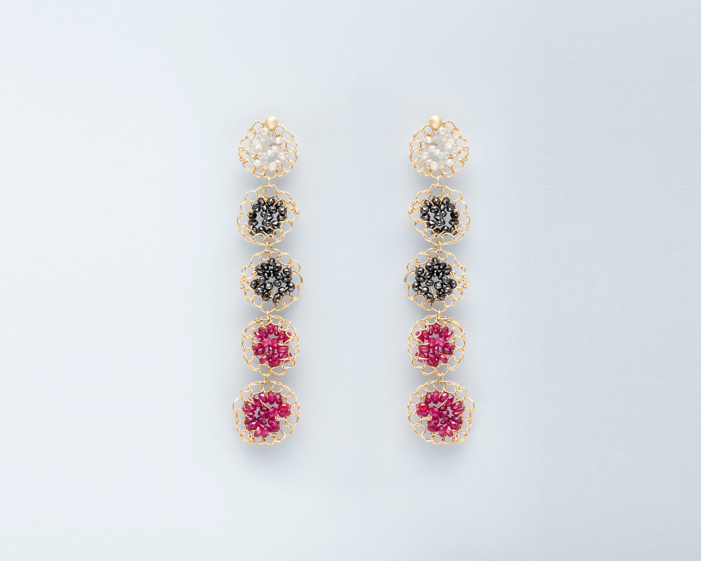 18KT yellow gold earrings with rubies and grey and black diamonds - Mosaico Frammenti