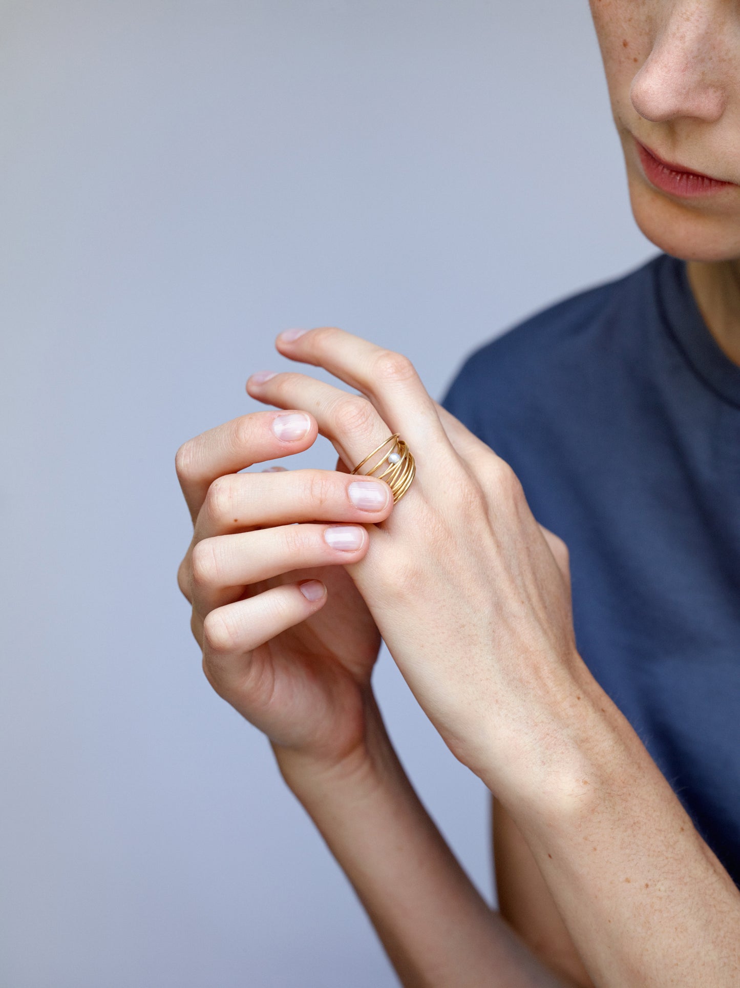 18KT yellow gold ring with akoya pearl worn by female hand - NonStop