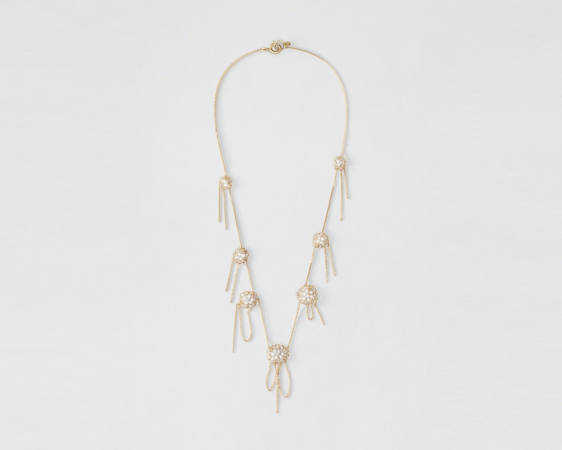 18KT yellow gold chained studs necklace with freshwater pearls - Teodolinda N