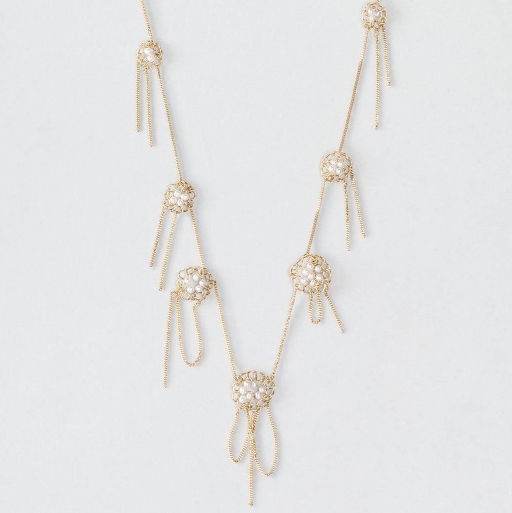18KT yellow gold chained studs necklace with freshwater pearls - Teodolinda N