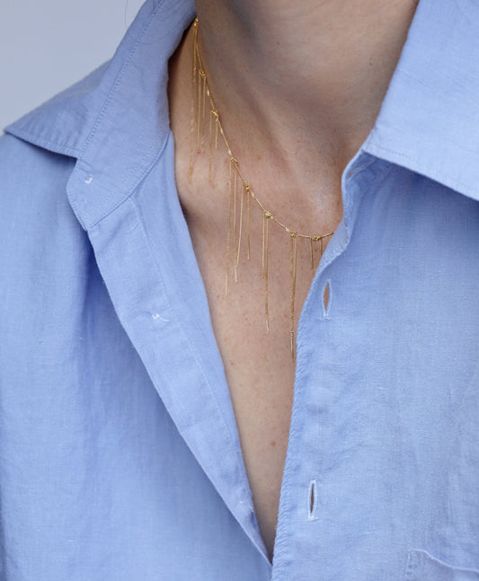18KT yellow gold fringe necklace worn by a female neck - Fringe