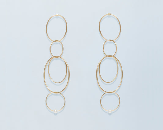 18KT hanging oval earrings in yellow gold with freshwater pearl (height 7CM) - Cerchi Ovali