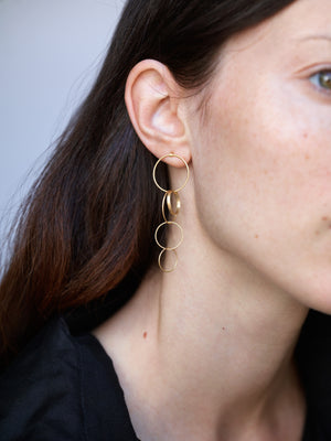 18KT yellow gold hanging earrings worn by a female ear - Sequenza