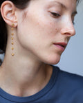 18KT yellow gold long earrings worn by a female ear - Sette Gomitoli
