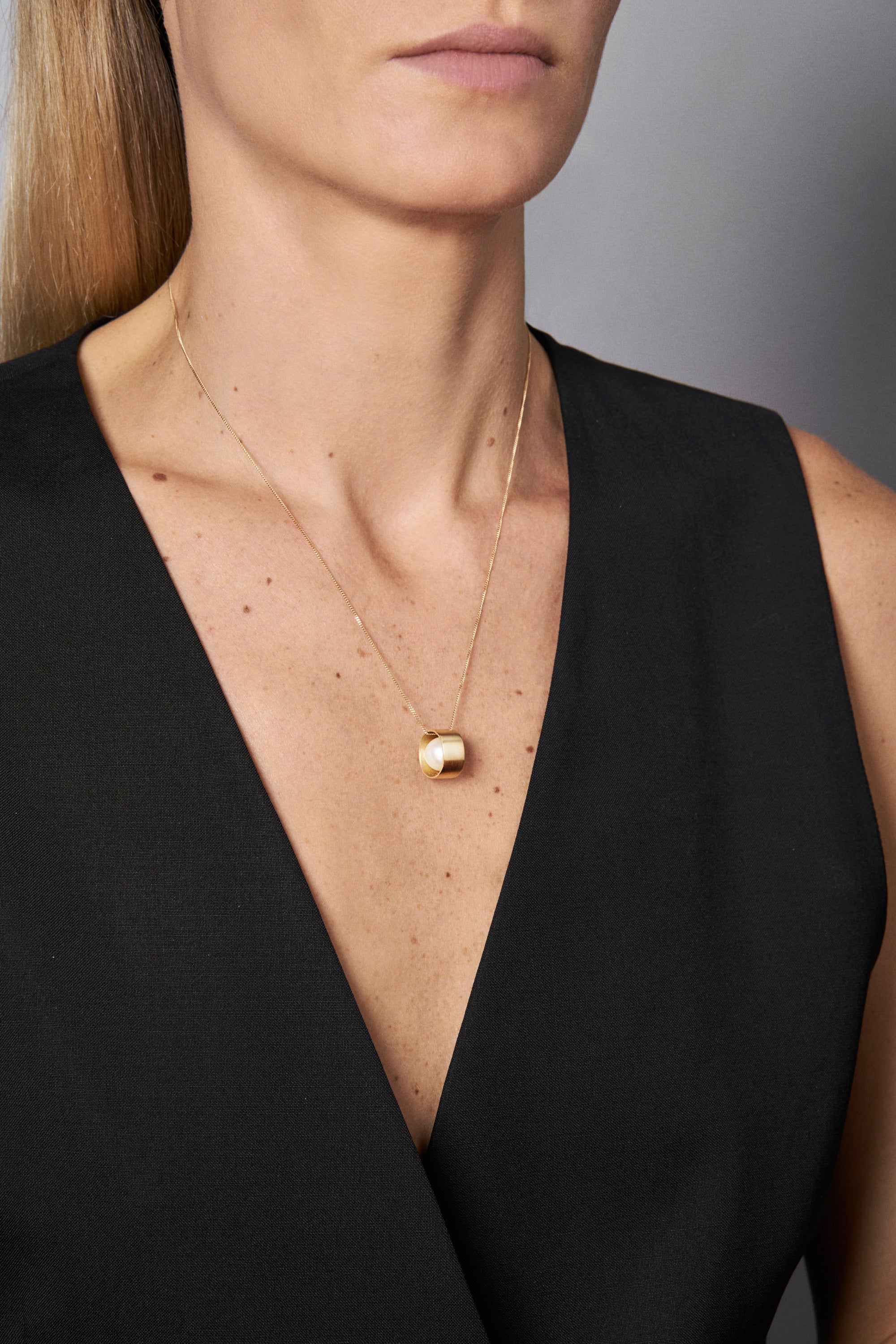 18KT yellow gold band necklace with akoya pearl worn by female neck - Moon N