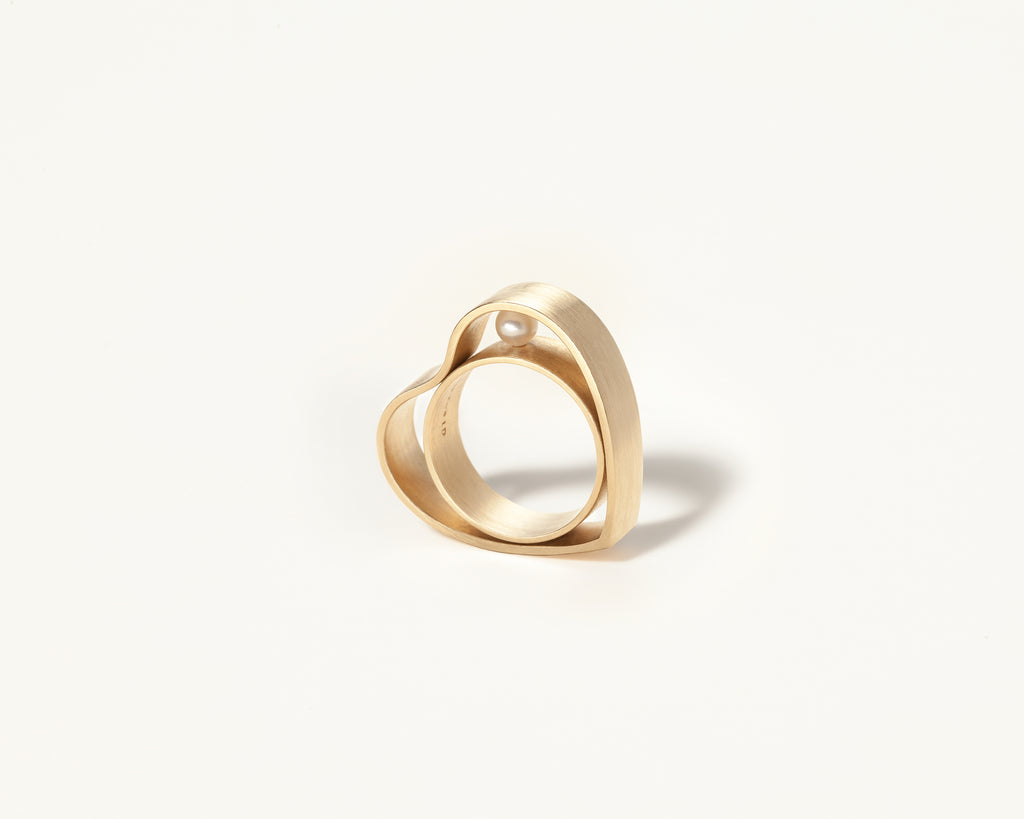 18KT Yellow gold double band ring with akoya pearl - Cuore