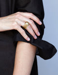 18KT yellow bands ring with akoya pearl worn by female hand - Mobile